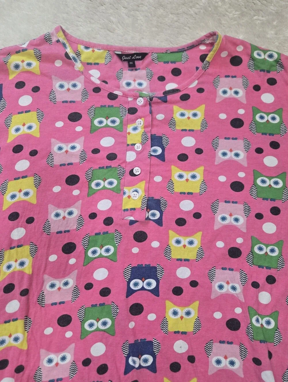 Just Love Pink Owl Cozy Casual Retro Whimsical Sleep Shirt, 2XL